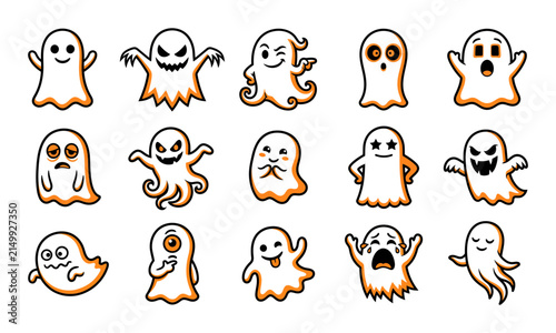 Set of cute and scary halloween ghost characters with various funny facial expressions isolated on a white background