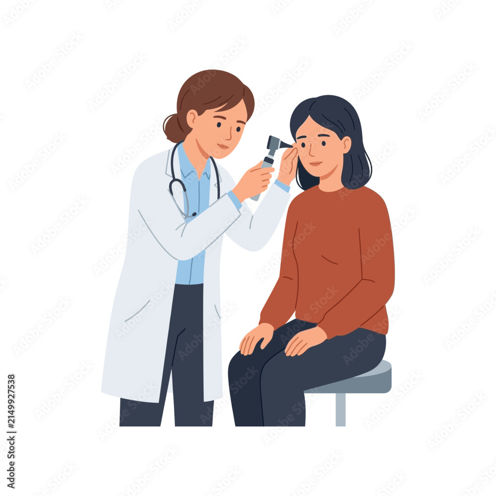 Obraz premium Female Physician Performing an Otoscopy Ear Examination on a Patient in a Medical Office Setting