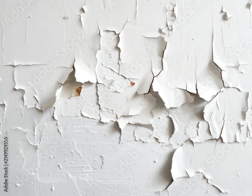 Close-up of peeling white paint revealing layers and texture