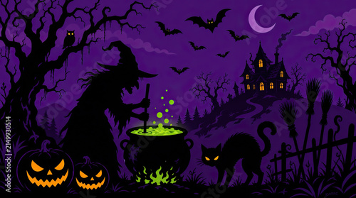 Witch silhouette stirring a magic potion in a cauldron with pumpkins, a black cat, bats, and a haunted house on a purple moonlit night.