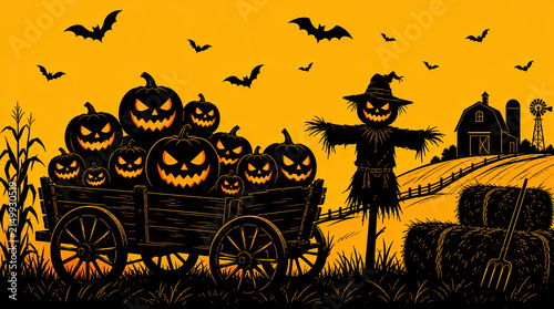 Halloween background featuring a wagon full of jack-o-lanterns, a scary scarecrow, bats, and a rural farm landscape in orange and black silhouette style.
