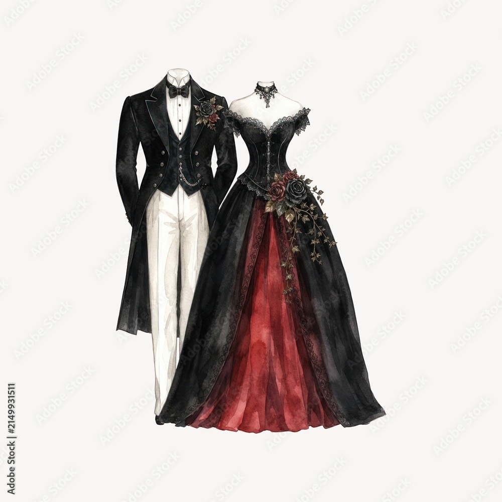 Fototapeta premium Elegant vintage wedding attire, featuring a black tuxedo and a red gown. Vintage style, classic wedding look, elegant design, timeless fashion.