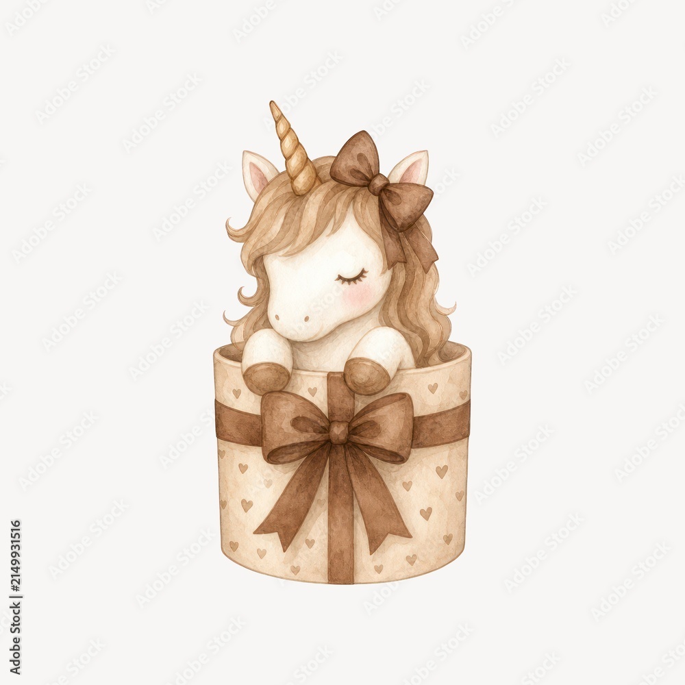Naklejka premium Cute unicorn in a gift box, unicorn with a bow, adorable unicorn illustration.