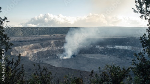 slurry. Volcanic landscape with dark gray slurry bubbling at the crater's edge, steam rising. travel magazines, destination branding, designed for travel destination branding, used by teachers.