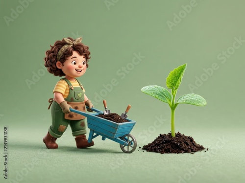 Cute cartoon girl gardening with wheelbarrow and sprout.