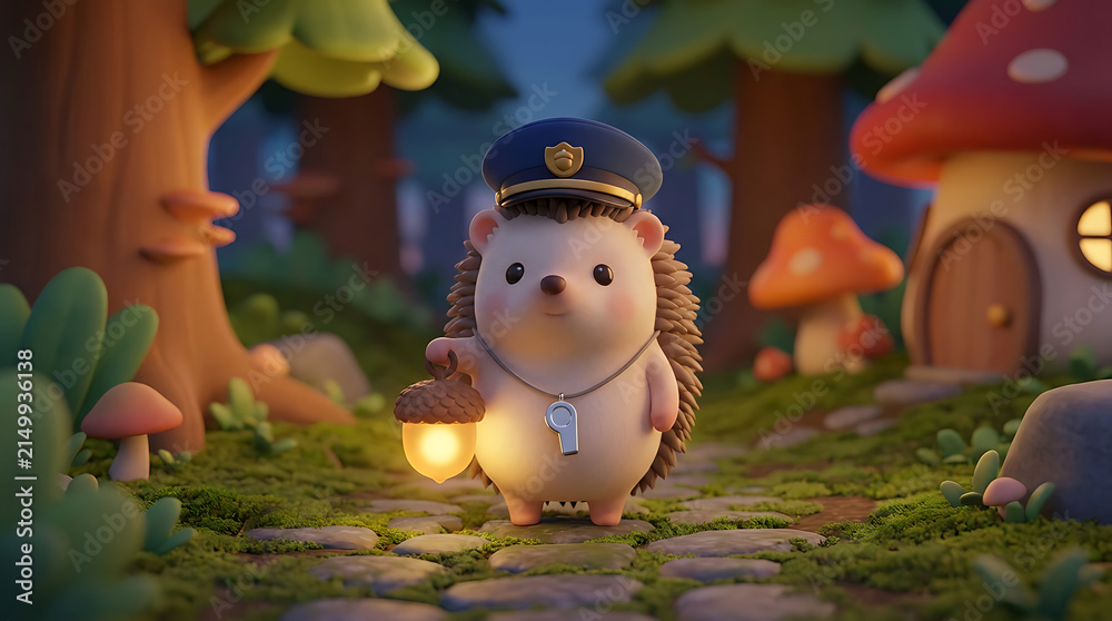 Obraz premium A whimsical hedgehog park ranger carries a glowing lantern through a fantastical forest scene animal
