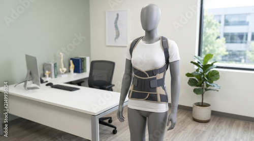 Mannequin displaying a medical back support brace in a doctor's office.