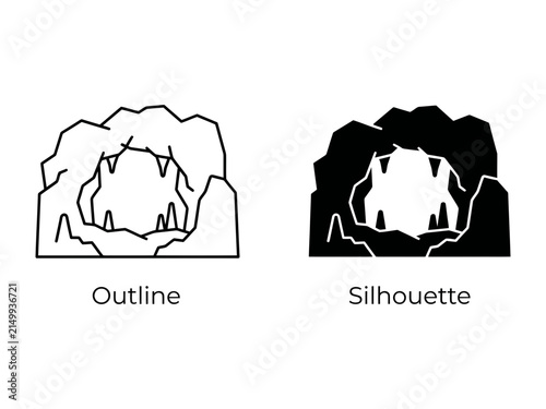 Fotografie Cave Entrance: A minimalist depiction of a cave entrance, presented in both outline and silhouette forms, showcasing rock formations and stalactites within
