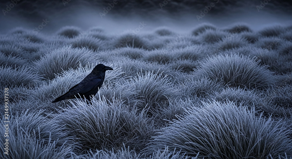 Naklejka premium A dark raven stands on frosty grass, evoking a sense of mystery, wildness, and the harsh beauty of winter.