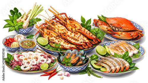 Authentic Thai Seafood Banquet Assortment with Spices, Lemongrass, and Spicy Dip for Restaurant Menu Banner