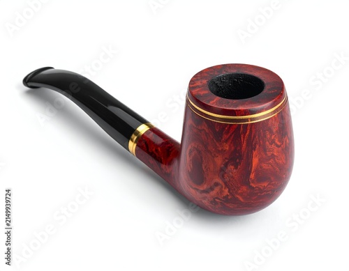 Close-up of a tobacco pipe with a red-brown bowl, black stem, and gold accents, on white