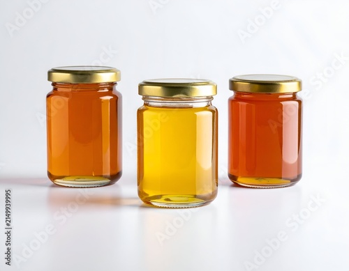 Three jars of amber honey, varying shades, sealed with gold lids, against white background