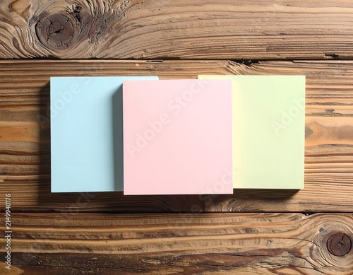 Three colorful square sticky notes, arranged on a textured wooden surface