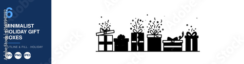 Gift Boxes Minimalist Holiday Nameplate Design with Number Six, Clean Line Icons and Festive Sparkle Accents