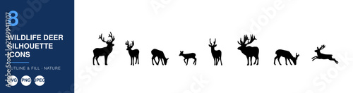 Deer Silhouettes Icon Set Featuring Eight Wildlife Outline Designs for Nature and Outdoor Themes Featuring Icons, Animals, Forest