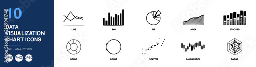 Data Visualization Chart Icons Set for Analytics and Statistics in Line and Bar Graph Styles Featuring Charts, Area, Scatter