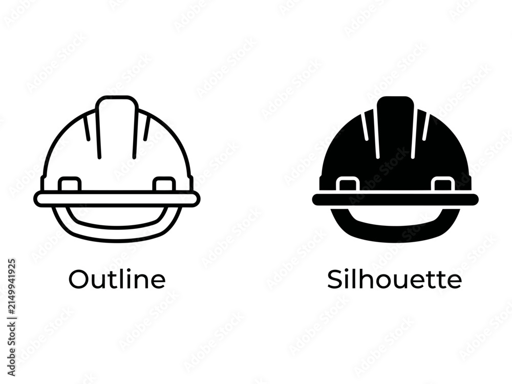 Fototapeta premium Construction Helmet Icons: A set of two hard hat icons, one in outline and the other in silhouette, representing safety and protection in construction and industrial settings.