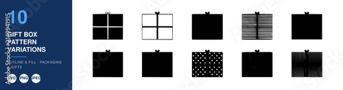 Gift Box Pattern Variations with Nameplate Label Tags and Bow Icons in Monochrome Svg Design for Packaging Concept