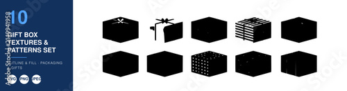 Gift Box Textures and Patterns Set Featuring Cutout and Fill Packaging Designs in Black Vector Style