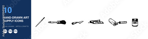 Art Supply Icons Nameplate with Hand-Drawn Tools Illustration, Including Pencil, Pen, Paintbrush, Eraser, Ruler, and Tape