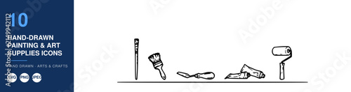 Painting Supplies Icons Set with Hand-Drawn Brushes, Pencils, Scissors, and Palette in Line Art Style