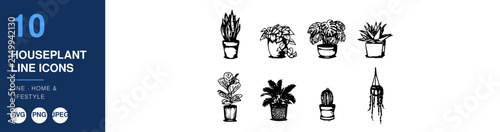 Houseplant Line Icons Set of Small Potted Plants with Fine Black Ink Drawings on White Background Featuring Plant, Pot, Lineart