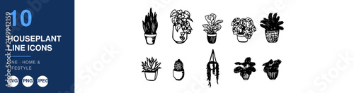Houseplant Line Icons Collection of Decorative Potted Plants and Succulents for Gardening and Home Decor Concept