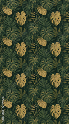 Luxurious seamless pattern featuring tropical palm leaves and exotic monstera foliage in dark green and gold tones for elegant interior decor