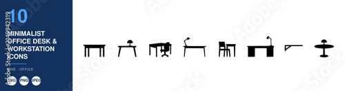Chair Icon Minimalist Office Workstation Set with Desk, Computer, Lamp, Shelves and Layout Elements in Flat Style