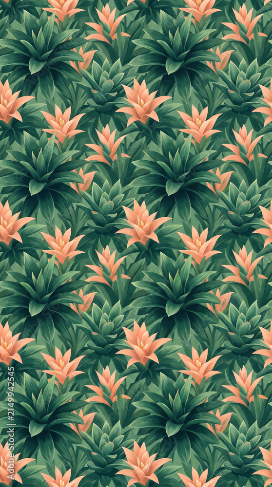 Fototapeta premium Seamless tropical pattern featuring dense green leaves and vibrant peach-colored bromeliad flowers arranged in a continuous botanical design
