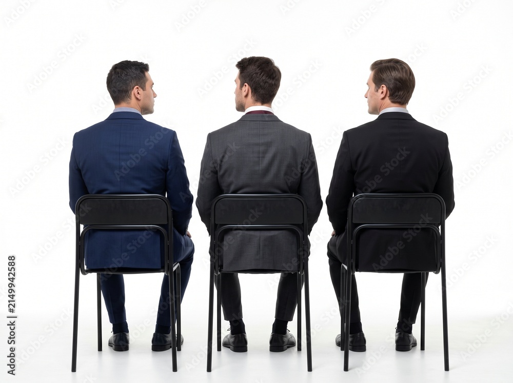 Fototapeta premium Three people in formal suits sitting and looking at something seen from back angle, isolated on white background
