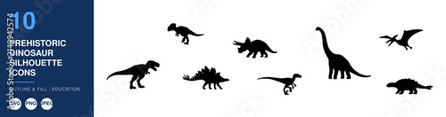 Dinosaur Silhouettes Collection Featuring Ten Prehistoric Creatures in Vector Icon Style for Educational Designs