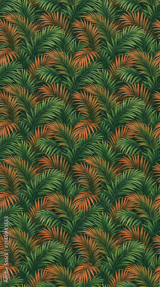 Obraz premium Seamless tropical pattern with lush green and warm copper palm leaves for summer vacation background and botanical apparel textile design