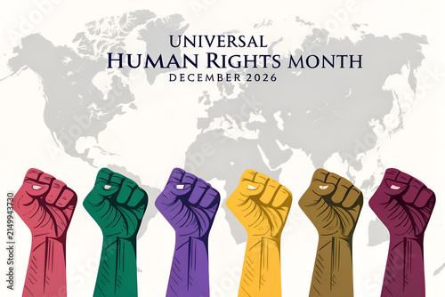 Raised multi-colored fists against world map universal human rights month