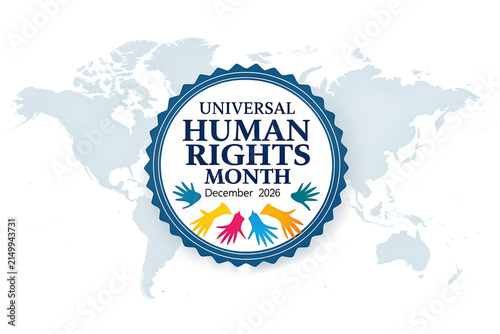 Universal human rights month seal emblem against world map background