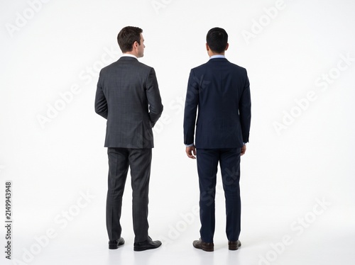Two people in suits standing and looking at something seen from back angle, isolated on white background	