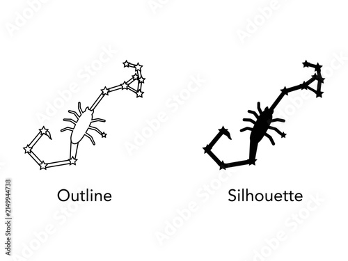 Obraz na plátne Scorpio Constellation: A graphic representation of the Scorpio constellation, presented as both an outline and a silhouette, depicting the star pattern of the scorpion