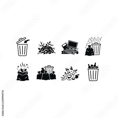A set of eight black and white graphic icons illustrating various waste types including general trash, organic waste, electronic waste, and recyclables, along with disposal bins and bags.