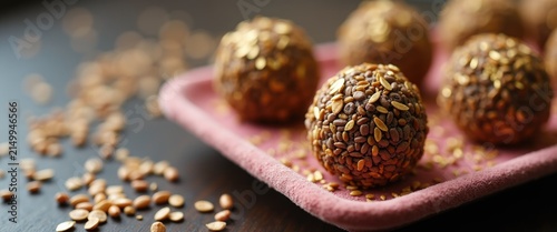 Sweet sesame energy balls arranged on pink tray with seeds scattered  