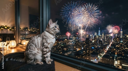 Bengal cat watches fireworks display over city skyline from apartment window