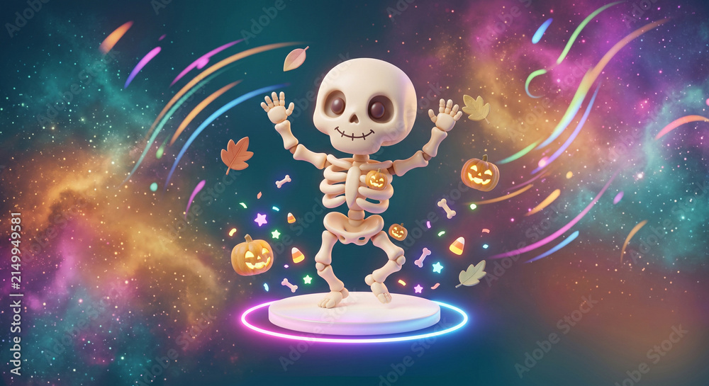 Fototapeta premium Cute Dancing Skeleton on Glowing Stage Cosmic Halloween Illustration
