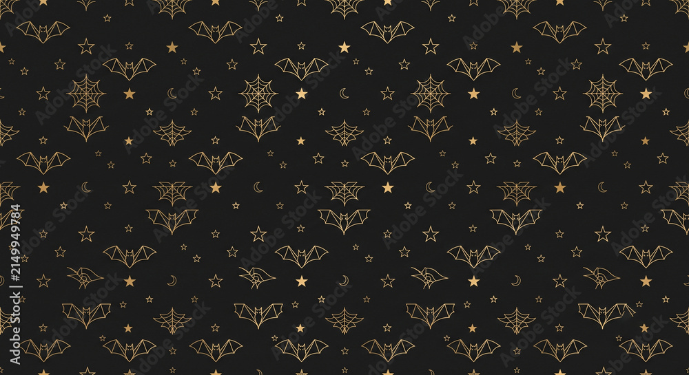 Luxury Gold Halloween Pattern with Geometric Bats and Stars