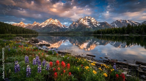Sunset mountain landscape reflection over calm lake with colorful wildflowers mountain landscape reflection wilderness colorful wildflower alpenglow