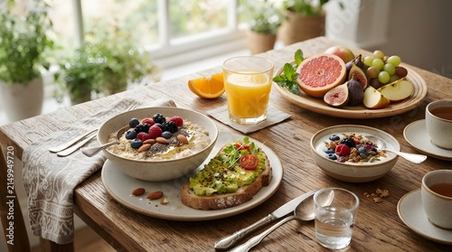 Healthy breakfast table spread with avocado toast oatmeal fruit and orange juice breakfast nutrition delicious grapefruit lifestyle homemade beverage