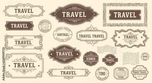 Vintage Travel Labels and Stamps Isolated on Transparent Background