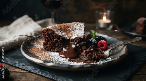 Decadent chocolate lava cake with warm molten center garnished with fresh berries and powdered sugar chocolate raspberry blackberry delicious indulgence