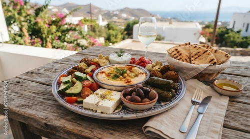 Mediterranean meze platter with hummus olives feta cheese and vegetables on a rustic wooden table mediterranean appetizer vegetables vegetarian cucumber
