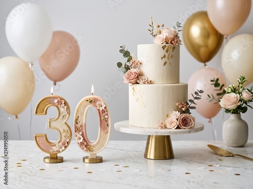 Elegant two tier birthday cake with number thirty candles and festive balloons for a thirtieth anniversary celebration