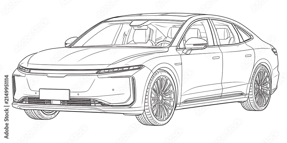 Fototapeta premium Futuristic Electric Sedan Line Art, futuristic electric sedan, electric sedan, electric car, electric vehicle, EV automobile, futuristic vehicle, modern sedan, electric mobility, sustainable transport