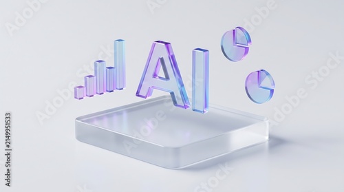 3D frosted glass AI typography surrounded by floating analytics graphs, idea for artificial intelligence branding, technology marketing, executive reporting